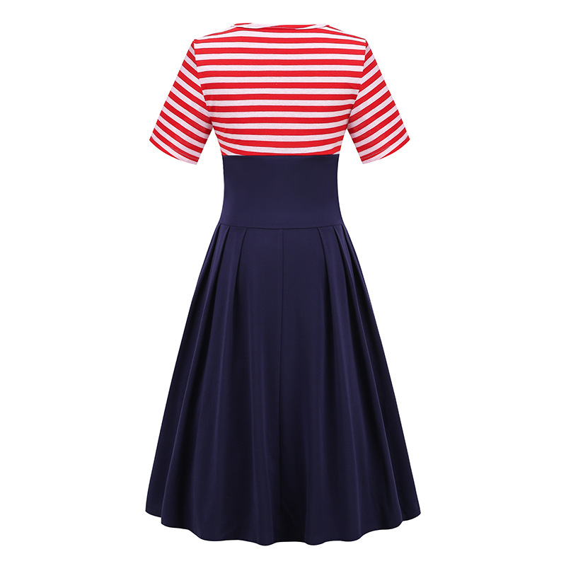 Nautical Striped A-Line Dress - Retro Patchwork Short Sleeve Midi Dresses